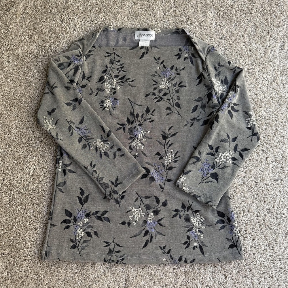Vintage Gantos Blouse Womens Medium Gray Floral Stretch Knit Long Sleeve Top
